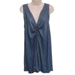 Denim Style Stretch Lightweight Ruched Casual Summer  V neck Dress Coverup Large